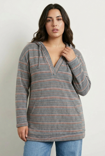 Büyük Beden V Yaka Kapüşonlu Dokulu Uzun Sweatshirt - Vervegrand