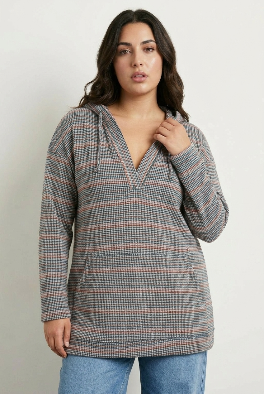 Büyük Beden V Yaka Uzun Kollu Kapüşonlu Dokulu Esnek Kumaşlı Sweatshirt