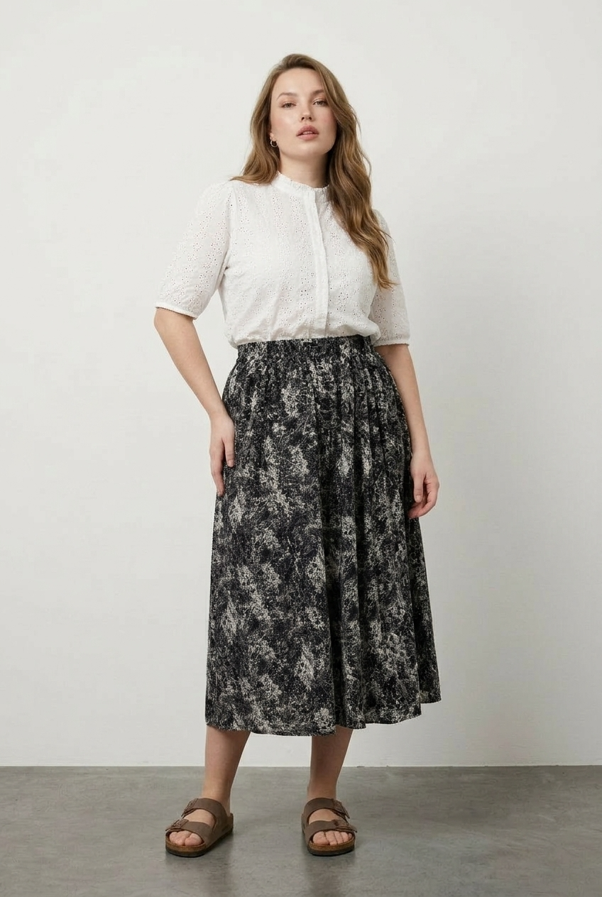 Büyük Beden Beli Lastikli Pileli Desenli Esnek Kumaşlı Etek