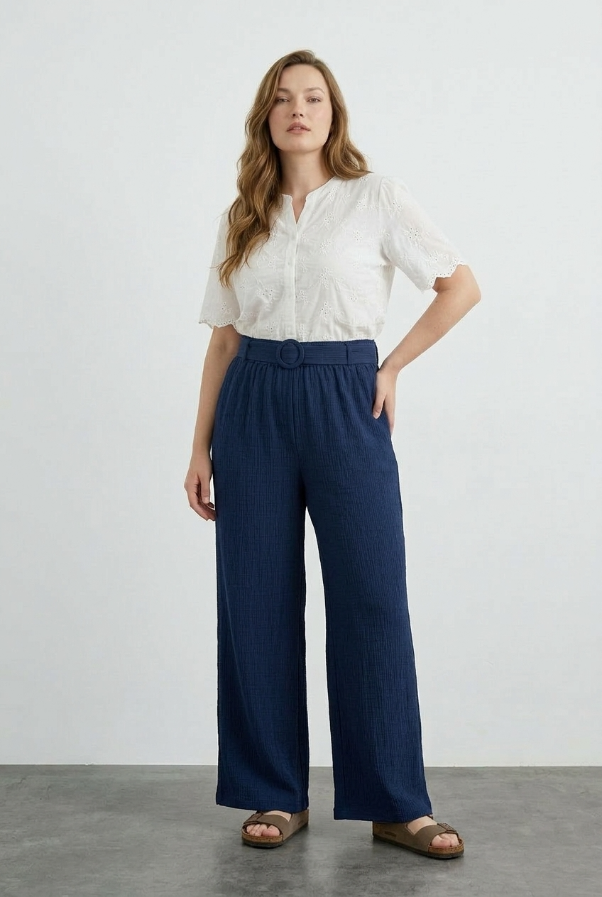 Büyük Beden Beli Lastikli Bol Paça Bürümcük Kumaş Esnek Kumaşlı Cepli Pantolon