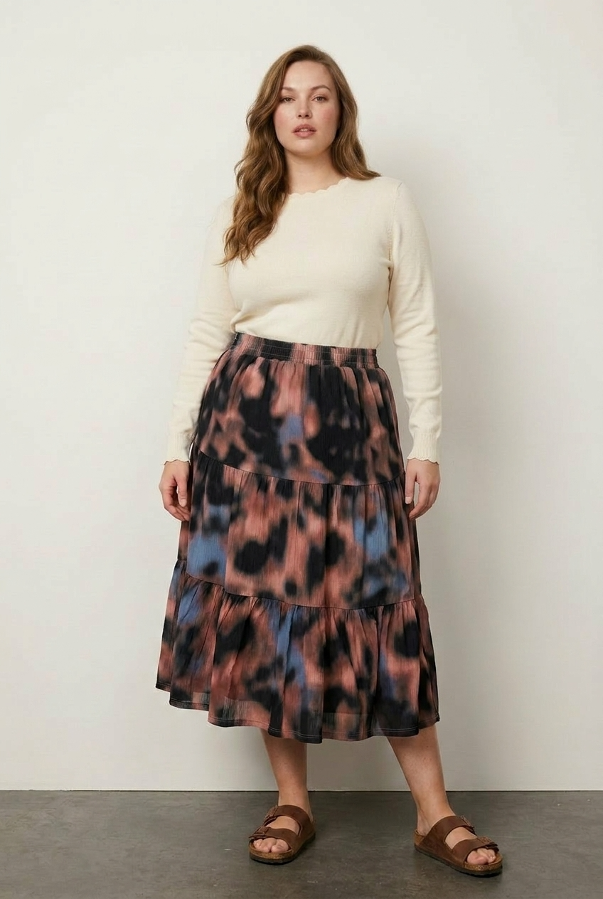 Büyük Beden Beli Lastikli Pileli Desenli Esnek Kumaşlı Etek