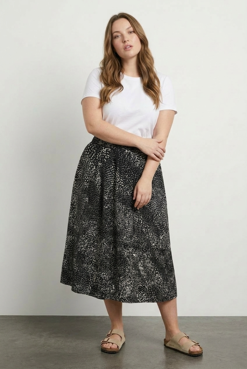 Büyük Beden Beli Lastikli Pileli Desenli Esnek Kumaşlı Etek