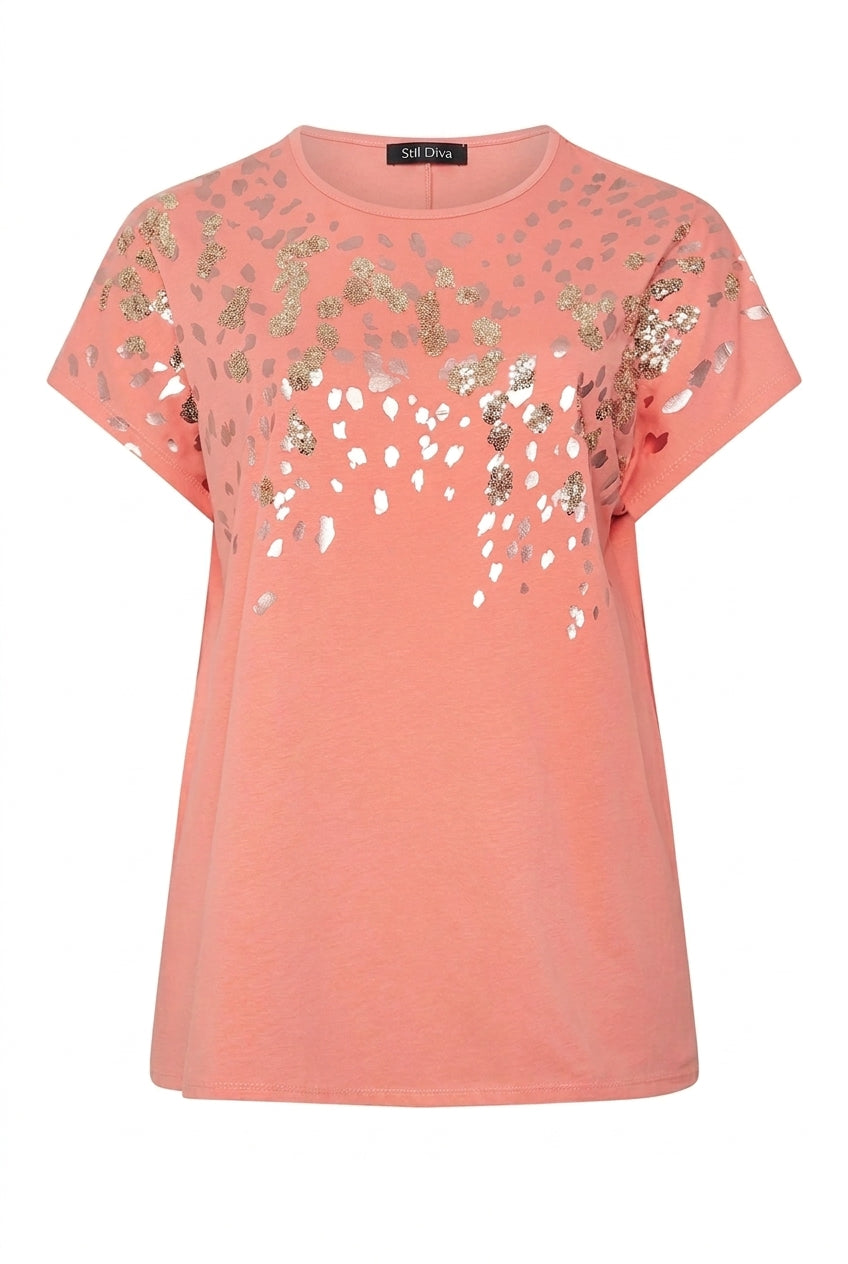Büyük Beden Metalik Sim Baskılı Somon Kısa Kollu T-shirt - Vervegrand - Görünüm 5