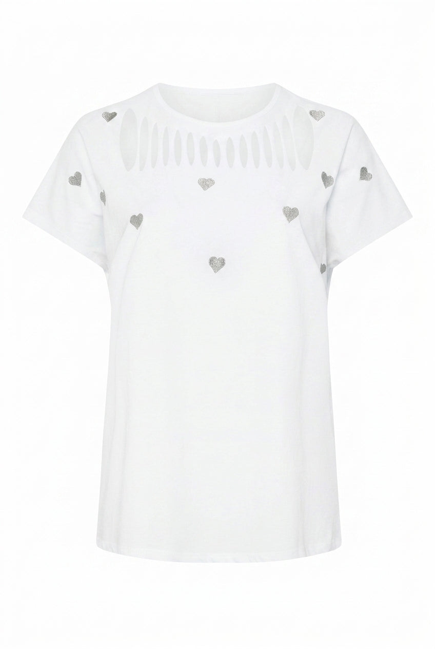 Büyük Beden Kalp Baskılı Yırtmaç Detaylı Pamuklu Beyaz T-Shirt - Vervegrand - Görünüm 5