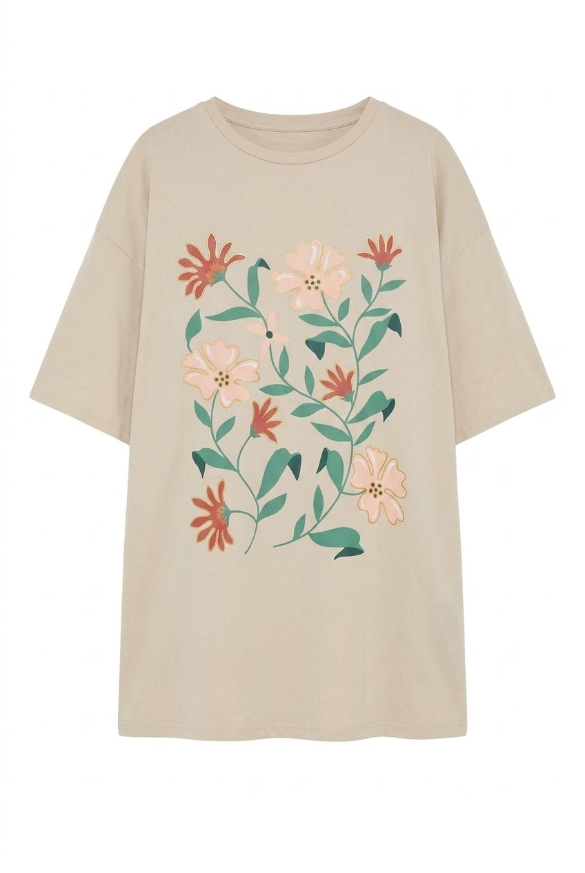 Büyük Beden Çiçek Desenli Pamuklu Oversize T-shirt bej renk detay