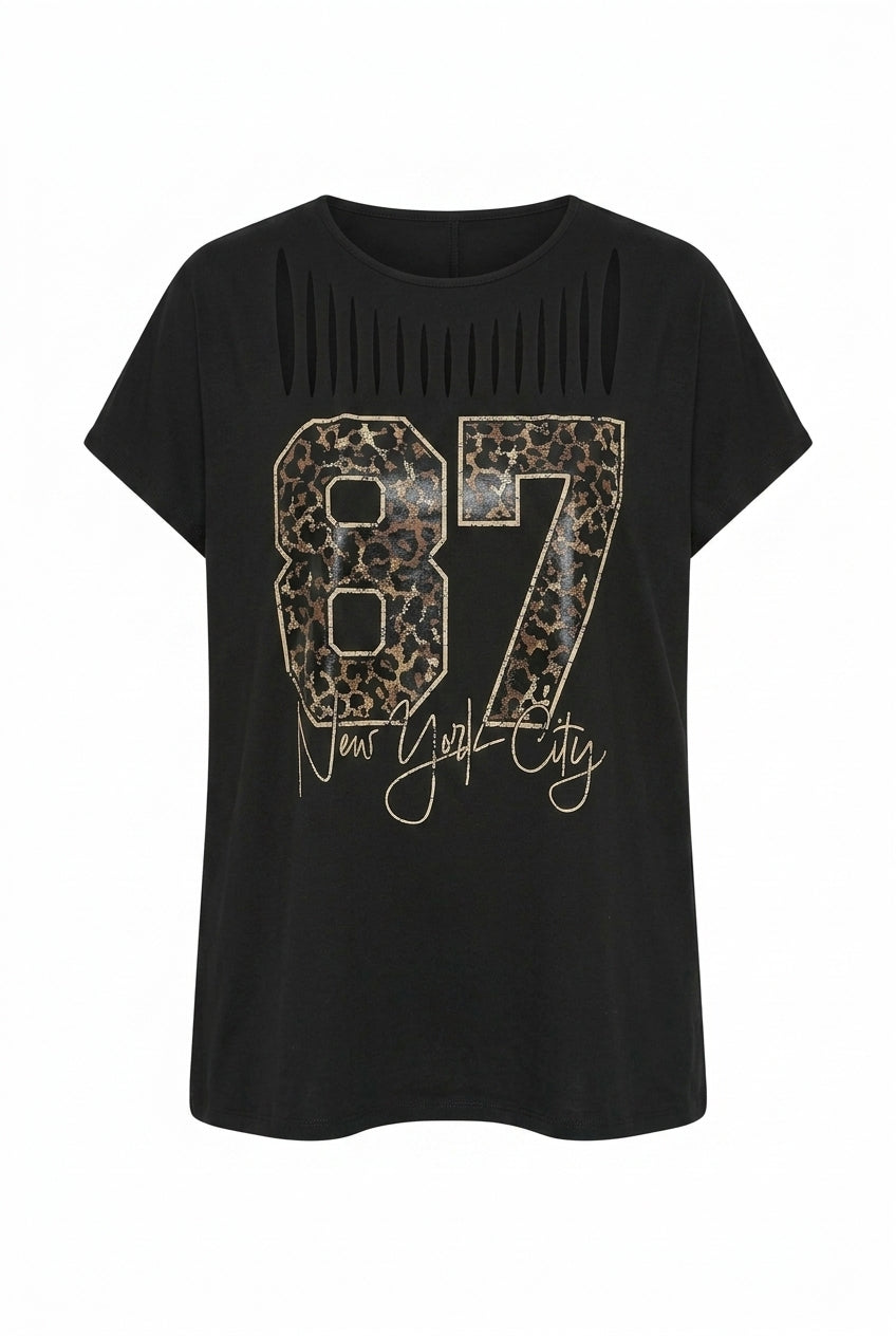 Büyük Beden Leopar Desenli 87 Baskılı Yırtmaçlı Siyah T-shirt - Vervegrand - Görünüm 4