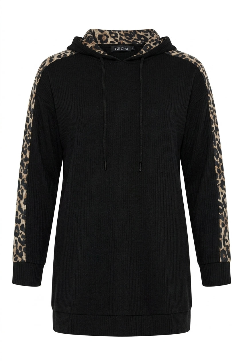 Büyük Beden Leopar Şeritli Kapüşonlu Siyah Sweatshirt kumaş dokusu