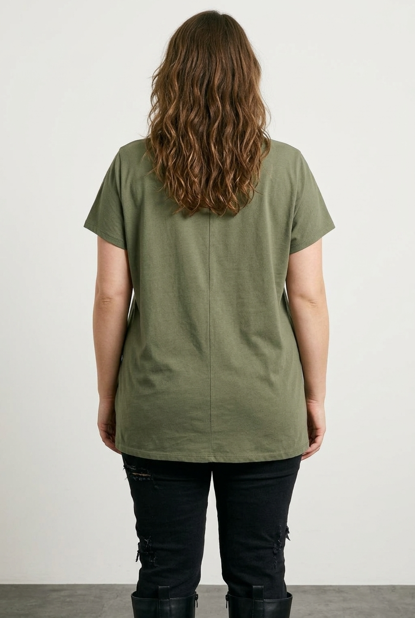 Büyük Beden Kalp Nakışlı Kesik Detaylı Haki Pamuklu T-shirt - Vervegrand - Görünüm 4
