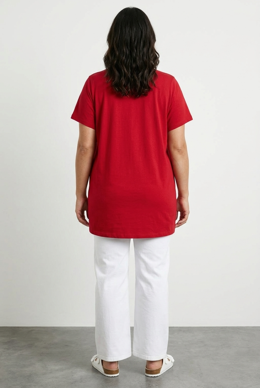 Büyük Beden Üçlü Kalp Baskılı Simli Kırmızı Pamuklu T-shirt - Vervegrand - Görünüm 4