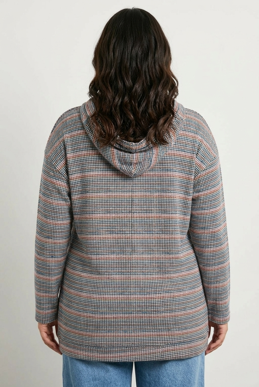 Büyük Beden V Yaka Kapüşonlu Dokulu Uzun Sweatshirt - Vervegrand - Görünüm 4