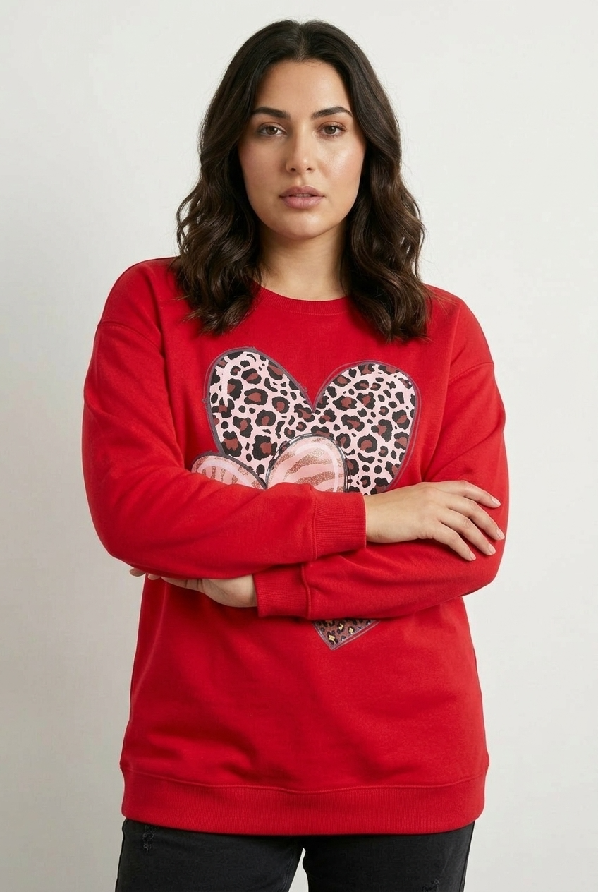Büyük Beden Kalp Desenli Kırmızı Sweatshirt - Vervegrand - Detay