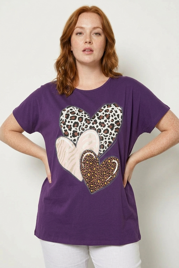 Büyük Beden Üçlü Kalp Desenli Simli Pamuklu Mor T-Shirt - Vervegrand
