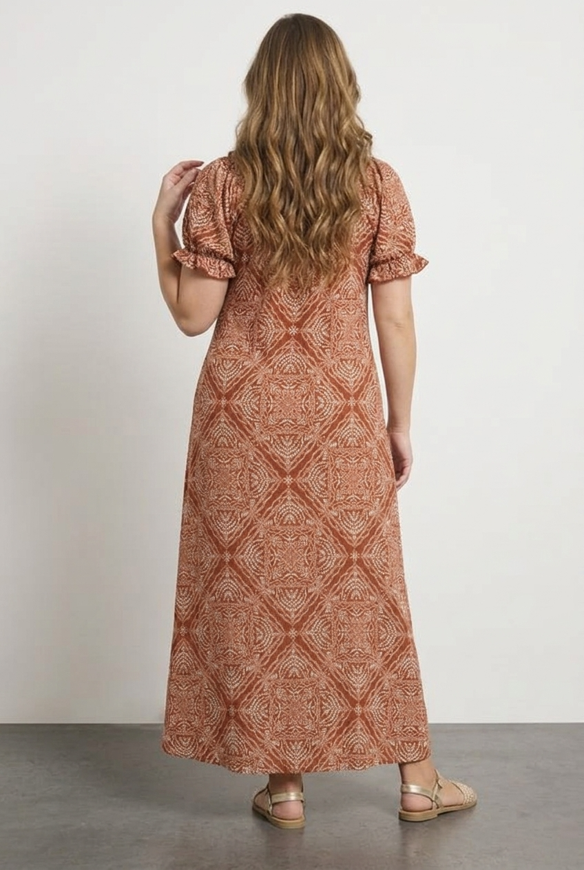 Büyük Beden Şal Desenli Milkmaid Maxi Elbise - Vervegrand - Görünüm 5