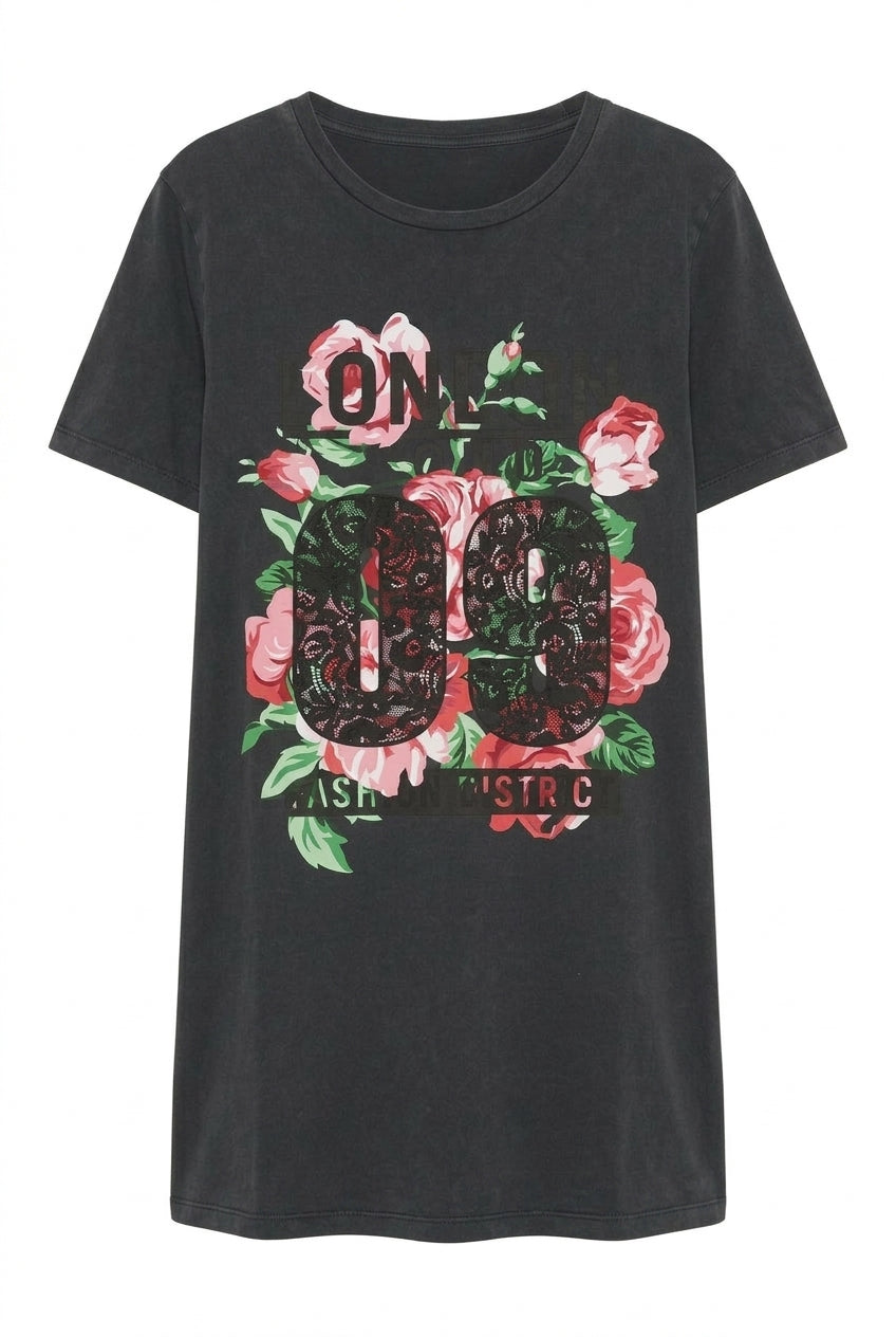 Büyük Beden Çiçek Baskılı Asit Yıkama Pamuklu T-Shirt - Vervegrand - Görünüm 4