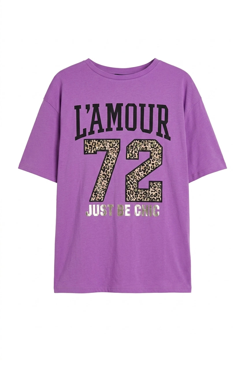 Büyük Beden L'amour Baskılı Leopar Detaylı Mor T-shirt - Vervegrand - Görünüm 4