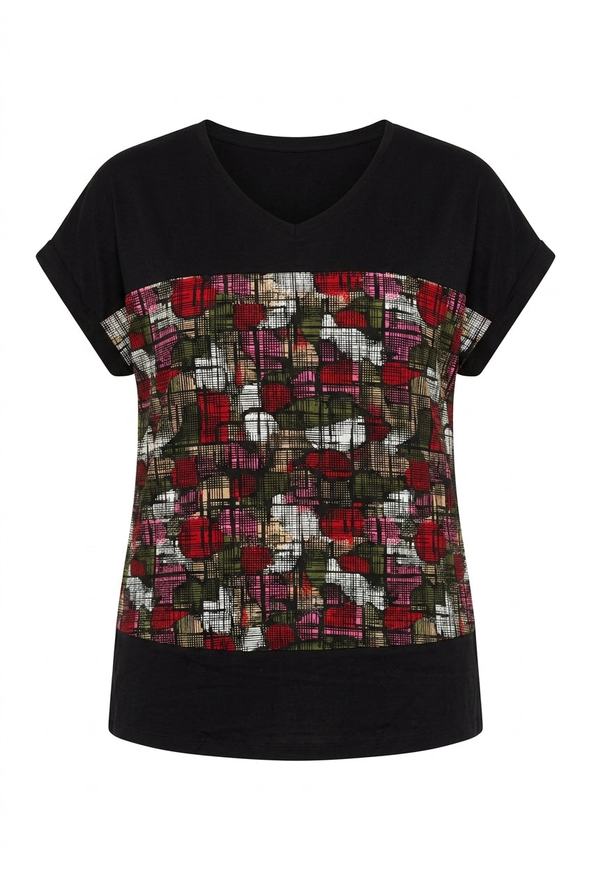 Büyük Beden V Yaka Desenli Blok Detaylı Viskoz T-Shirt - Vervegrand - Görünüm 6