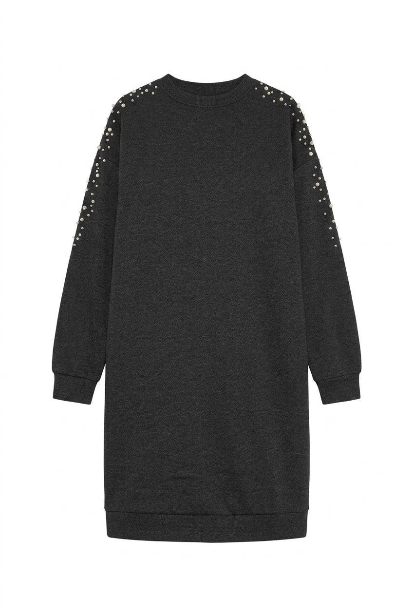 Büyük Beden İnci Detaylı Antrasit Sweatshirt Elbise tam boy görünüm