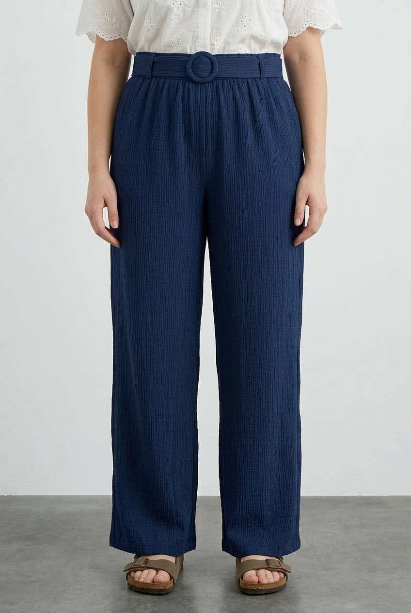 Büyük Beden Beli Lastikli Bol Paça Bürümcük Kumaş Esnek Kumaşlı Cepli Pantolon