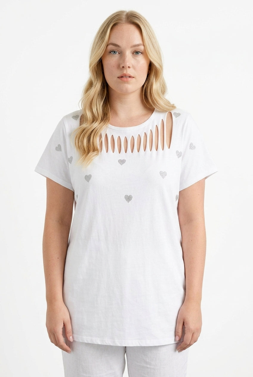 Büyük Beden Kalp Baskılı Yırtmaç Detaylı Pamuklu Beyaz T-Shirt - Vervegrand