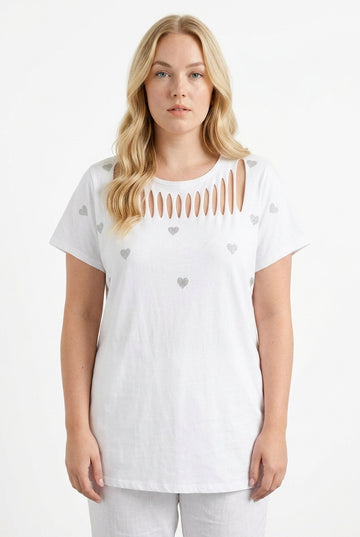 Büyük Beden Kalp Baskılı Yırtmaç Detaylı Pamuklu Beyaz T-Shirt - Vervegrand