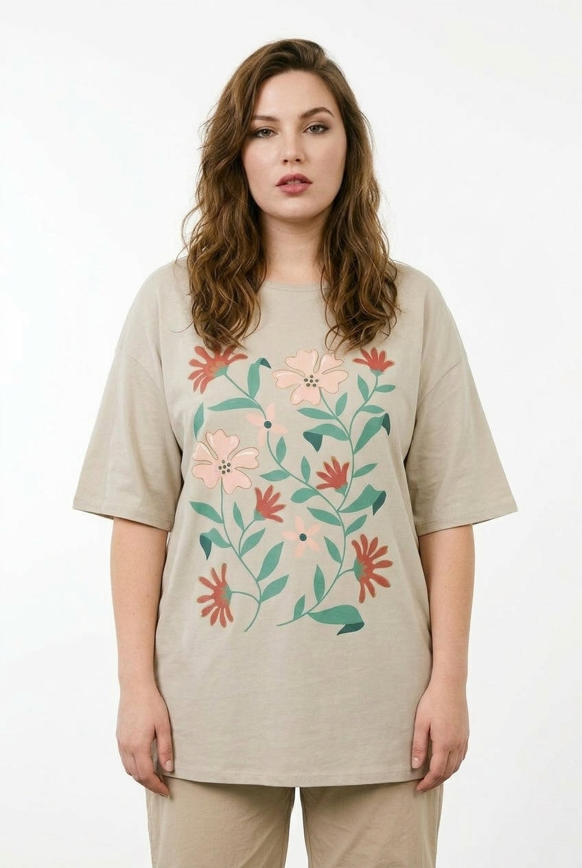 Büyük Beden Çiçek Desenli Pamuklu Oversize T-shirt üst detay
