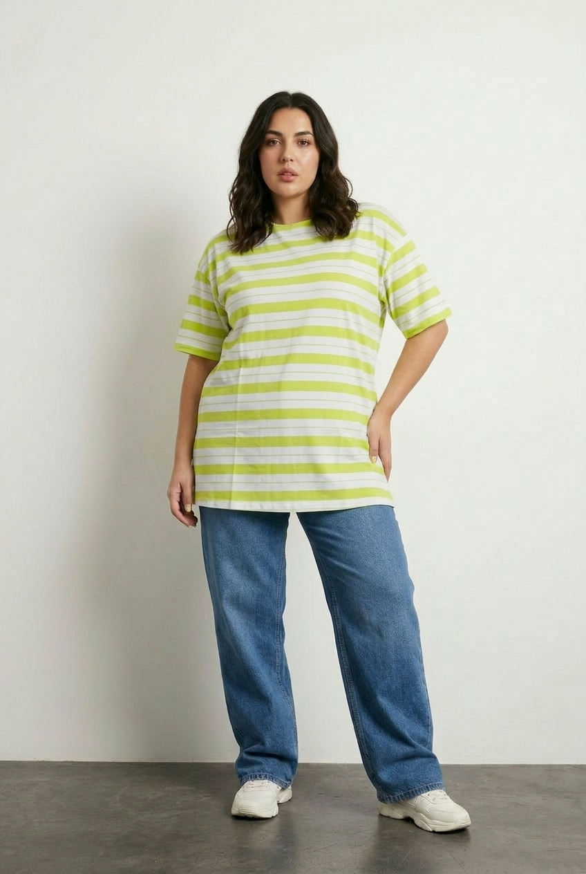 Büyük Beden Çizgili Esnek Pamuklu Uzun Tunik T-Shirt - Vervegrand - Görünüm 5