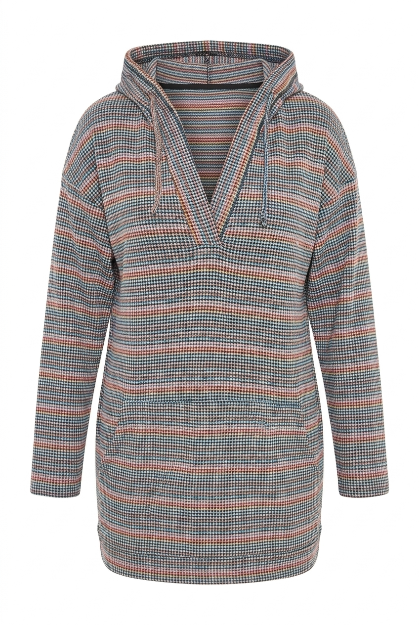 Büyük Beden V Yaka Kapüşonlu Dokulu Uzun Sweatshirt - Vervegrand - Görünüm 6