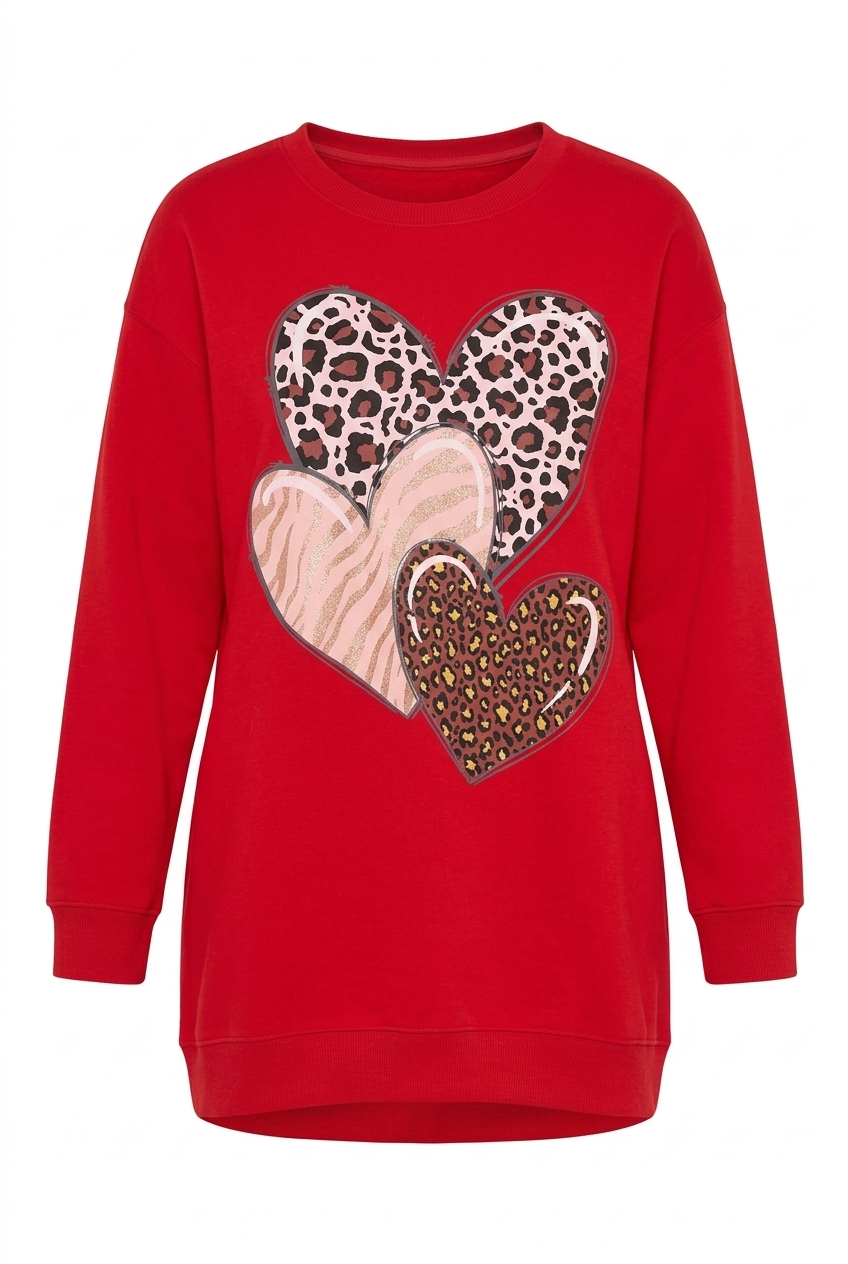 Büyük Beden Kalp Desenli Kırmızı Sweatshirt - Vervegrand - Görünüm 5