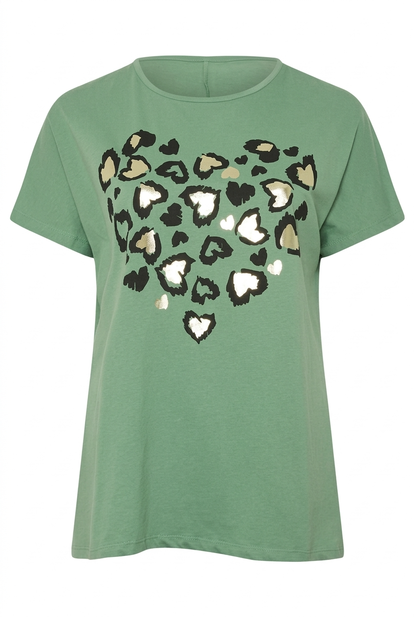 Büyük Beden Kalp Desenli Yeşil Pamuklu Kısa Kollu T-shirt - Vervegrand - Görünüm 5
