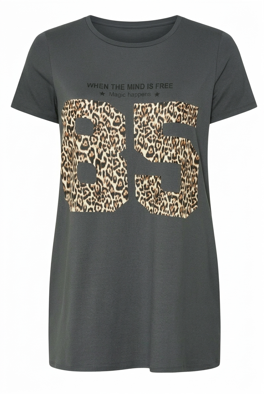 Büyük Beden Leopar Desenli Slogan Baskılı Viskon T-shirt - Vervegrand - Görünüm 6