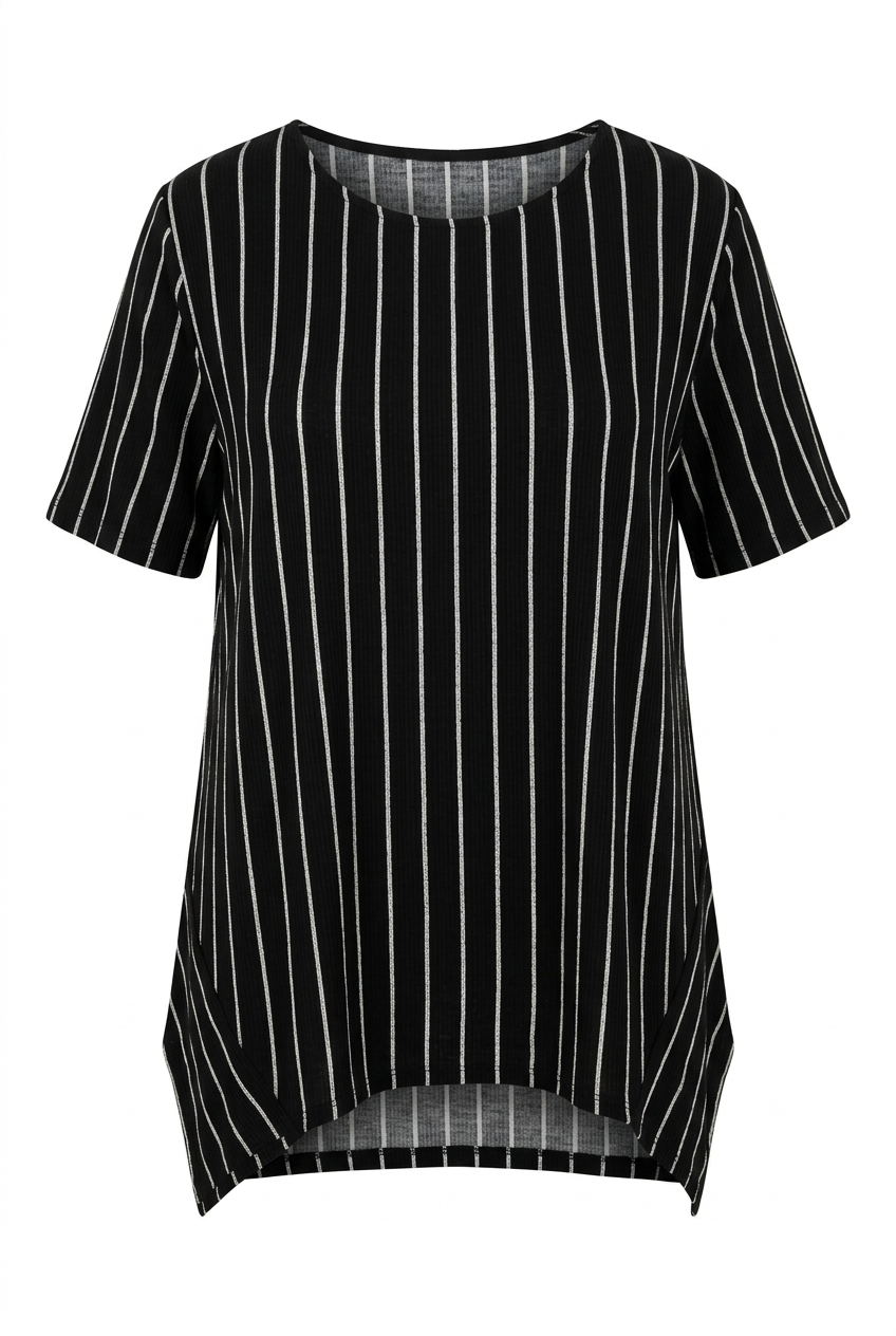 Büyük Beden Bisiklet Yaka Yarasa Kol Çizgili Asimetrik Kesim Esnek Kumaşlı T-shirt