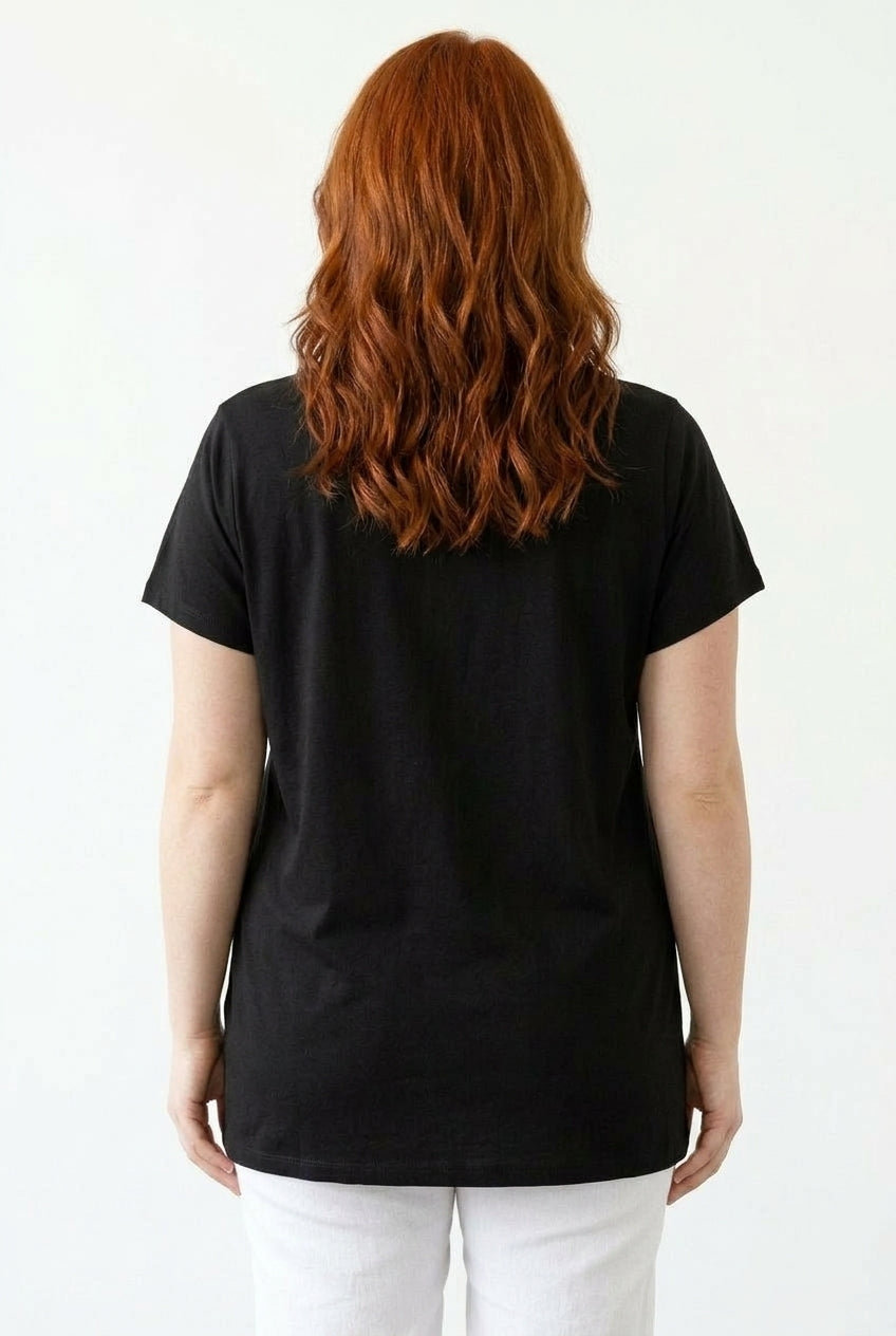 Büyük Beden Leopar Desenli 87 Baskılı Yırtmaçlı Siyah T-shirt - Vervegrand - Görünüm 5