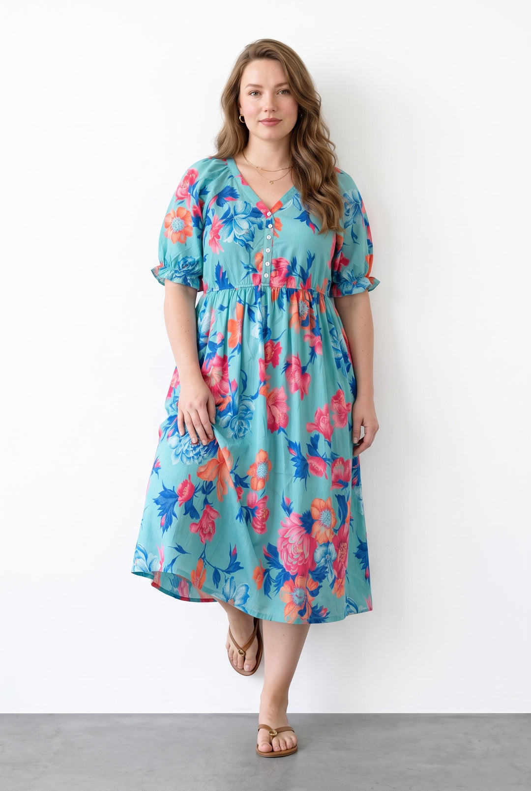 Dress with Button Detail Sleeve and Elasticated Waist
